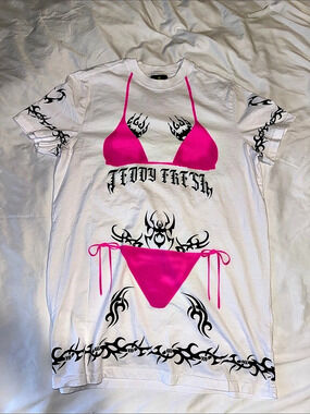 Teddy Fresh Swimsuit Cover-Up, Black & Pink Bikini Graphic